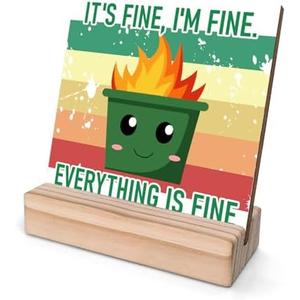 Pack of 2, Dumpster Fire Desk Accessories, It's Fine I'm Fine Everything is Fine, Funny Desk Sign, Coworker Gifts, Office Gifts for Women Men, Emotional Support Dumpster Fire Wood Sign-ZMMP02
