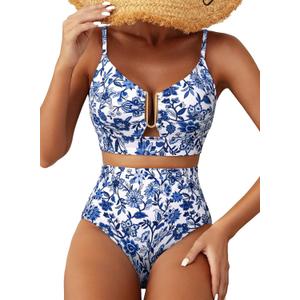 Herseas Womens 2 Piece High Waisted U Wire Bikini Set Floral Print Swimsuit Crisscross Back Bathing Suit Beach Swimwear (XX-Large)