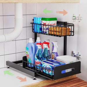 Under Sink Organizer And Storage,Pull Out Cabinet Organizer,2-Tier Slide Out Kitchen Basket Sink Shelf Cabinet Organizers,Adjustable L Shape Under Counter Organizers For Bathroom Kitchen Organization (1 Pack)