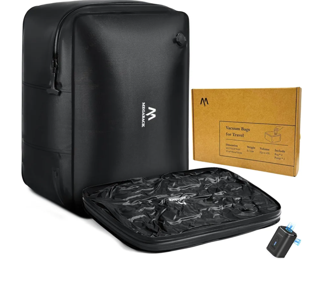 2025 One Touch Vacuum Bag for Travel with Builtin Pump, 30L Compression Bags for Carry On, IP67 Reusable Vacuum Seal Bag for for Cloth Packing, No Need Separate Pump (Black 2PC)