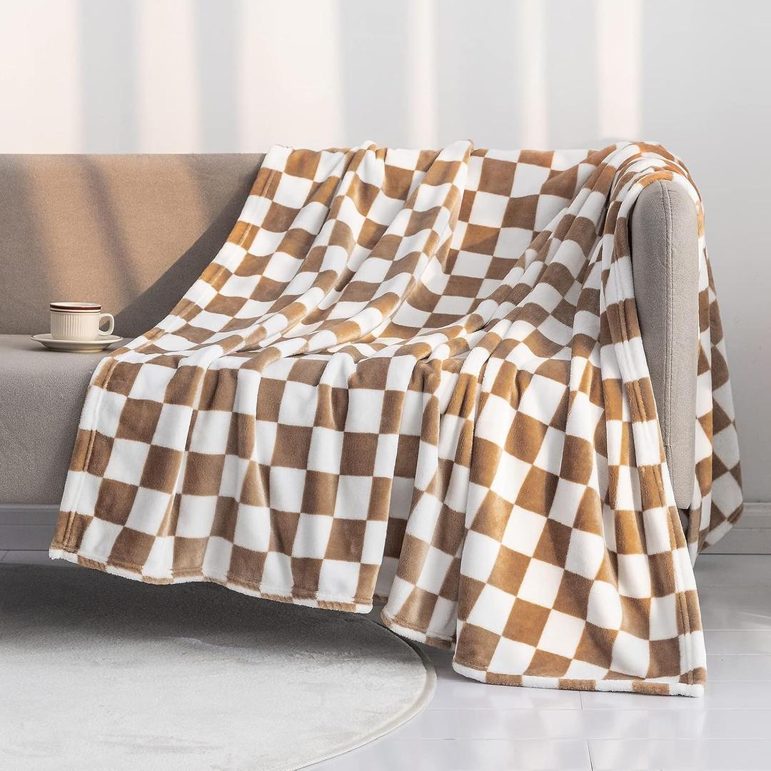 LOMAO Throw Blankets Flannel Blanket with Checkerboard Grid Pattern Soft Throw Blanket for Couch, Bed, Sofa Luxurious Warm and Cozy for All Seasons (Khaki, 90"x110")