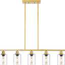 39.4" Kitchen Island Lighting, 5 Lights Clear Glass Pendant Light Fixtue, Golden Linear Metal Chandelier for Dining&Living Room Foyer,Height Adjustable,E26 Socket