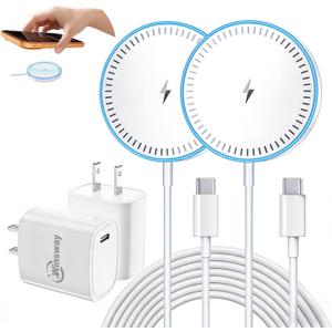 2-Pack Magnetic Wireless Charger, 15W Fast Charging Pad with 20W PD Plug Adapter, 5FT USB C Cable Included, Compatible with iPhone 17/16/15/14/13/12 Series, AirPods 3/2/Pro (2 Sets, White)