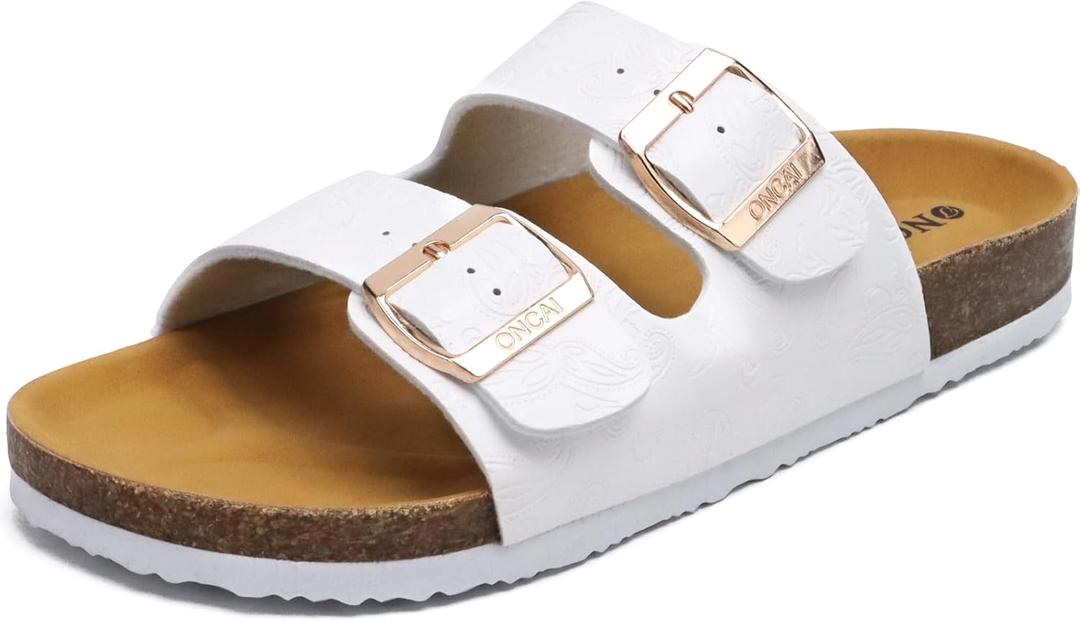 ONCAI Womens Flat Slide Sandals with Arch Support 2 Strap Adjustable Buckle Slip on Slides Shoes Non Slip Rubber Sole (White Floral, Size 9)