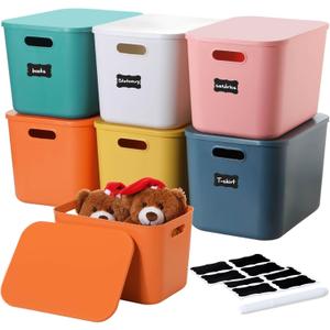 Thyle 6 Pcs 14 In Colorful Plastic Storage Bins 6 Colors Stackable Large Capacity Plastic Desktop Storage Box with Handles Lids, Labels and Marker for Office Classroom Cabinet (14 x 10 x 9 Inch)