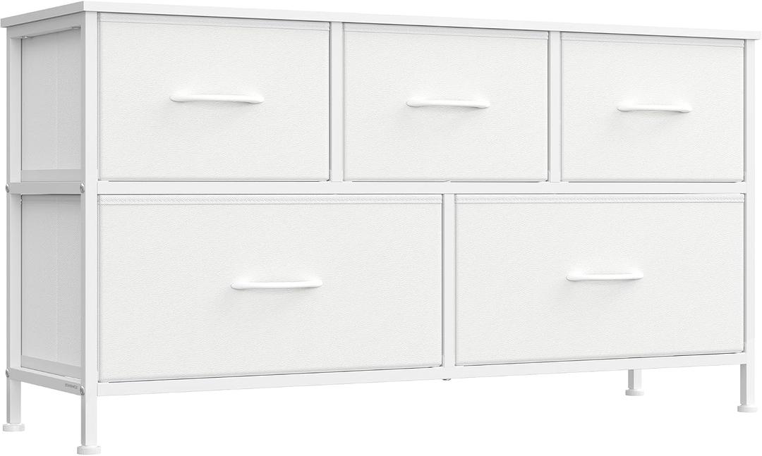 SONGMICS Dresser for Bedroom, Chest of Drawers, Steel, MDF, 5 Non-Woven Fabric Drawers, Storage Organizer Unit, Closet, Entryway, Cloud White and Snow White ULGS322W01S