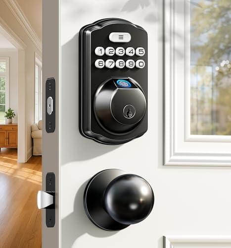 Veise Fingerprint Door Lock with 2 Knobs - Keyless Entry Door Lock with Handle, Electronic Keypad Deadbolt, Smart Front Handle Set, Auto-Locking, Waterproof, Easy Installation, Matte Black