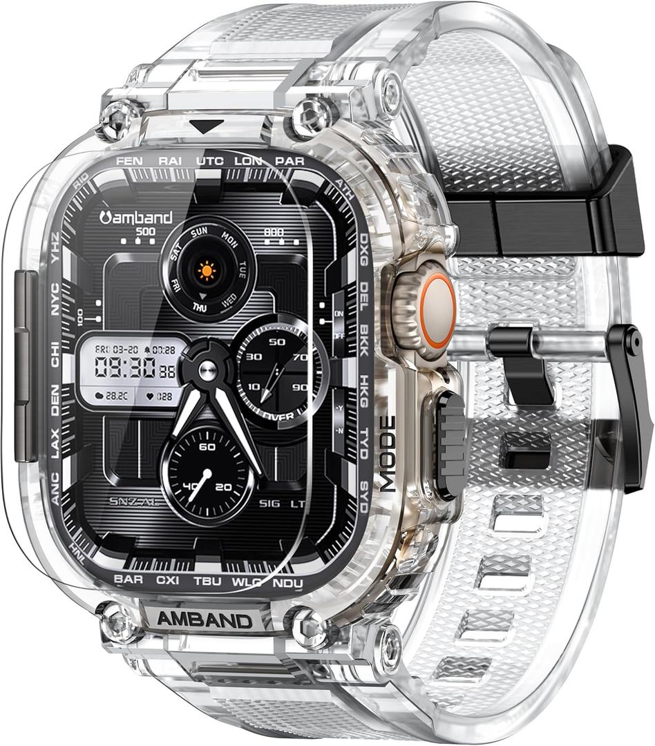 amBand M1 Sport Case Band for Apple Watch Ultra 3/2/1 & SE 3/2/1 & Series 11 10 9 8 7 6 5 4 3 49mm 46mm 45mm 44mm 42mm 41mm 40mm 38mm, Shockproof & Scratch Resistant Rugged Bumper for Men (Clear)