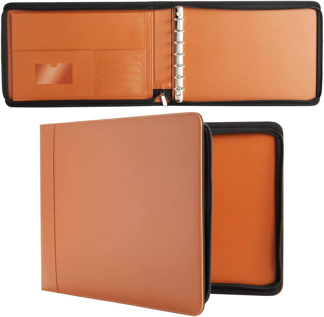 7-Ring Business Check Binder with Zipper for Checkbooks Organization, Brown Zippered Portfolio Organizer, Professional PU Leather Folder Holder for Documents, Cards (15 x 11 x 0.01 inches)