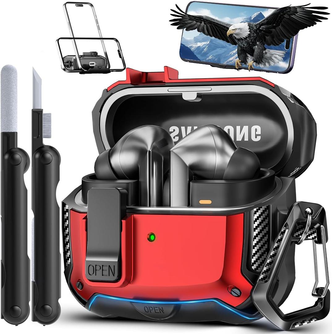 Phone Stand for Samsung Galaxy Buds3 FE (2025) / Buds3 Pro (2024) / Buds 3 Case (2024),with Secure Lock Clip & Cleaning kit Full Body Shockproof Carbon Fiber Protection Design