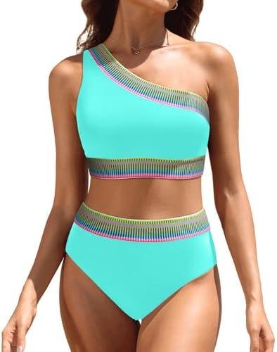 Women High Waisted Bikini Set - One Shoulder Two Piece Swimsuits Color Block Bathing Suits with Swimwear Bottom Size XL
