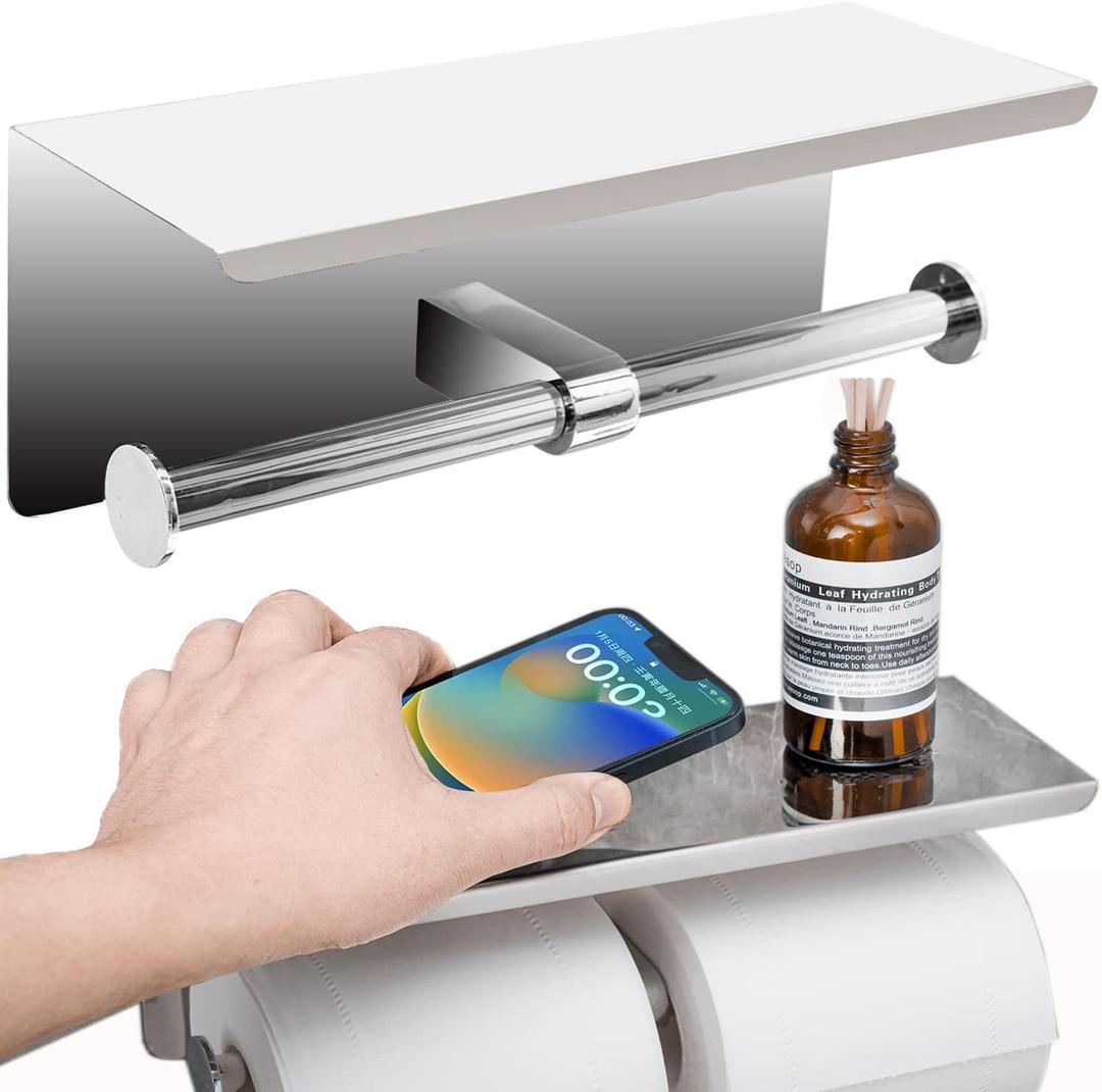 Double Toilet Paper Holder with Shelf,304 Stainless Steel Wall Mount Double Roll Toilet Paper Holder with Phone Shelf for Bathroom, Commercial Toilet Paper Dispenser with Phone Shelf