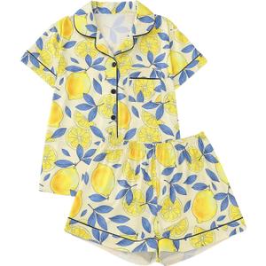 Verdusa Women's 2 Piece Sleepwear Button Down Pajama Sets Short Sleeve Shirt and Shorts (Large, Yellow Lemon)