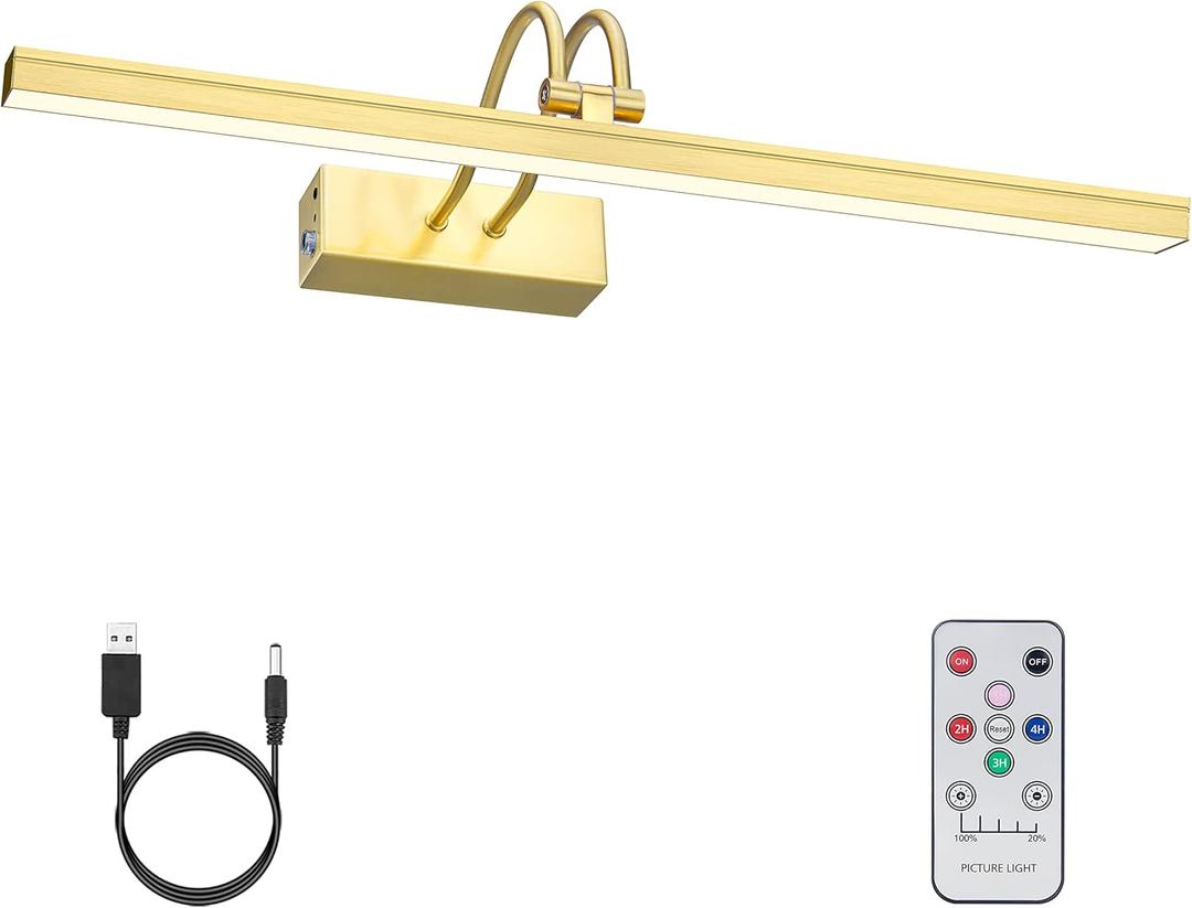 FUNCHDAY Picture Light Wireless, Rechargeable Gallery Light Battery Operated, 280LM Dimmable Art Lighting with Remote, 16" Metal Picture Lights for Wall, Paintings, Portrait, Photo (Brass)