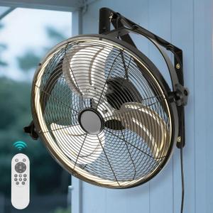 20 inch Wall Mount Fan with Lights and Remote,6-Speed Gazebo Ceiling Fan Adjustable Tilt Dimmable Wall Fan, High Velocity Industrial Outdoor Fans for Patio, Garage, Commercial, Black