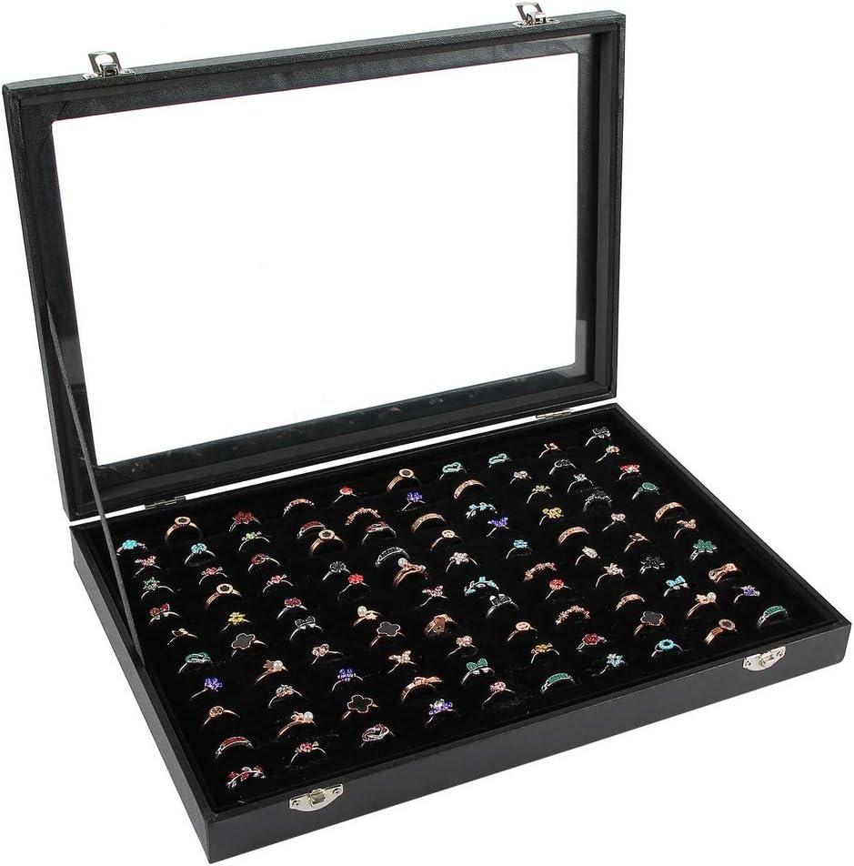 Siveit Ring Display Case Organizer Box with Transparent Lid, Ring Holder Showcase For Store Display Jewelry Show Home, Ring Organizer For Jewelry Rings, Studs Earrings (100 Slot, Black)