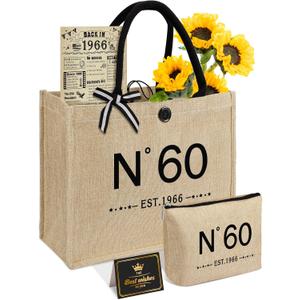 60th Birthday Gifts for Women Jute Tote Bag, Vintage N60 Burlap Handbag with Cosmetic Bag and Back in 1966 Poster, Unique 60 Years Old Gifts for Mom Friends Wife Sister Her