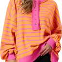 PRETTYGARDEN Womens Fall 2026 Striped Oversized Sweatshirt Long Sleeve Button Up Henley Neck Waffle Knit Pullover Tunic Tops (Large, Striped Yellow Pink)