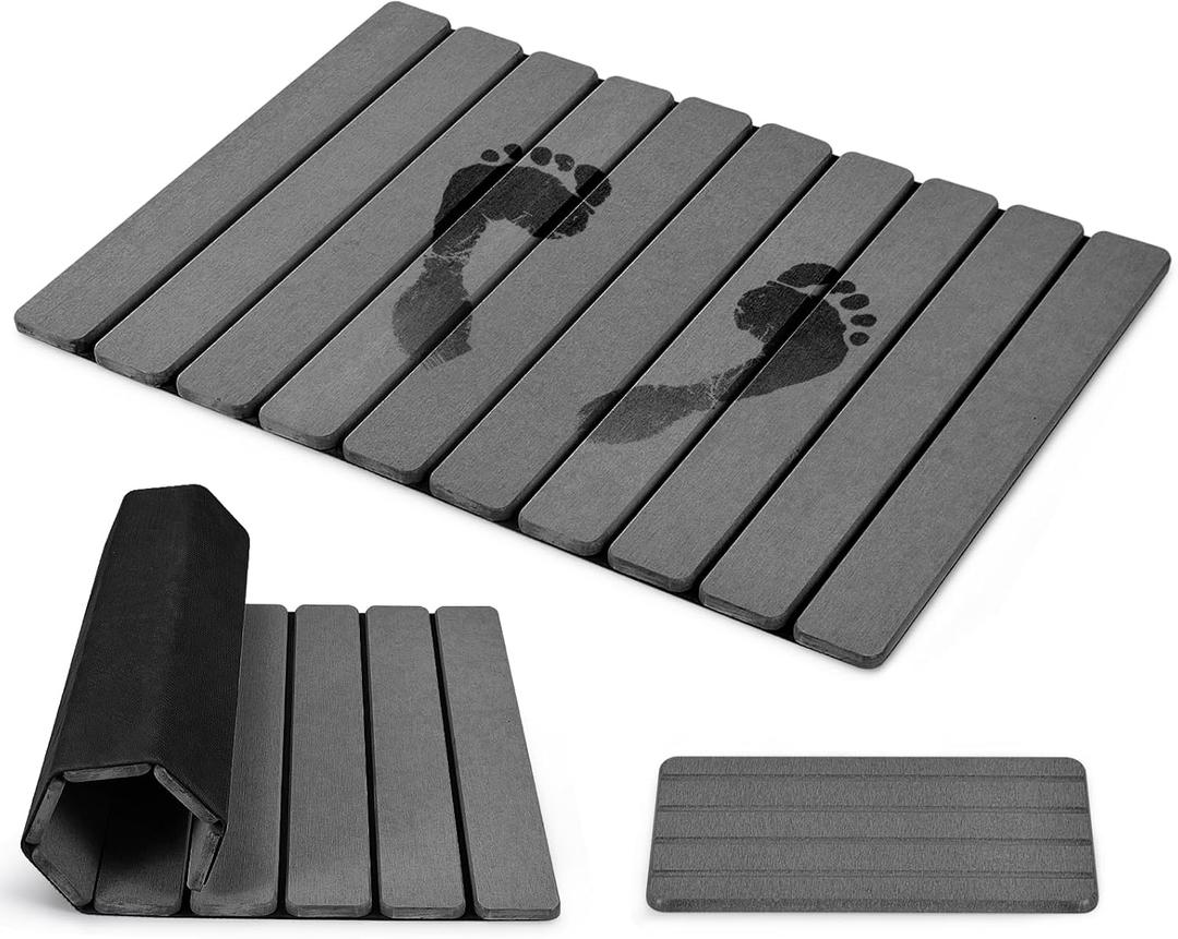 Foldable Stone Bath Mat, 2 PCS Quick-Dry Diatomaceous Earth Stone Drying Mat for Bathroom, Non-Slip Rubber Base, Shower Mat Outside Shower, Easy to Store, Easy to Clean (Grey 24"16" & 8"x4")