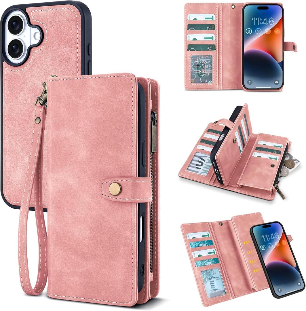 TwoHead Wallet Case Compatible with iPhone 17,Detachable,Magnetic,11 Cards Holder,PU Leather All-Round Protective Phone Case with Change Pocket(6.3 in,Pink)