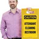 SmartSign 25 x 12 inch Caution - Attendant Cleaning Restroom Two-Sided Folding Floor Sign with Falling Symbol, Portable and Lightweight A-Frame, Easy Grip Handle, Plastic, Black and Yellow