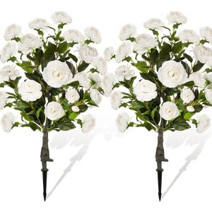 Lunmon 2 Pack 3ft Artificial Camellia Plants Tree 36" Faux Camellia Flower with Spike UV Resistant Realistic Fake Floral Blooming Bush for Indoor Outdoor Front Door Porch Backyard Garden, White