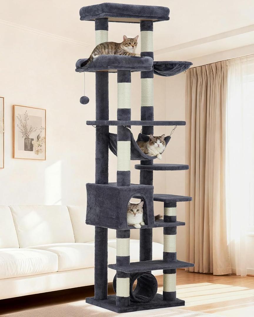 GarveeLife Cat Tree for Large Cat 74", Cat Tower Tree for Indoor Cats with 11 Scratching Posts, Hammock, Large Top Perch,Toy Balls, Condo, Sturdy Heavy Duty House for Adult Big Cats (deep grey)