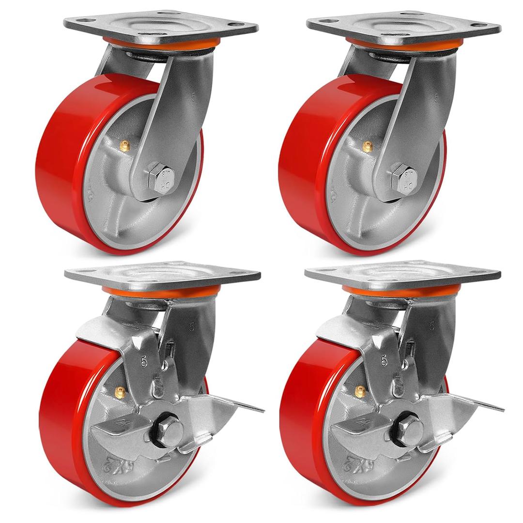 4000 lb Capacity Industrial Caster Wheels with Polyurethane & Cast Iron, Swivel Plate Casters for Platform Trucks, U-Boat Carts, Military Equipment (2 Brake &2 Swivel)