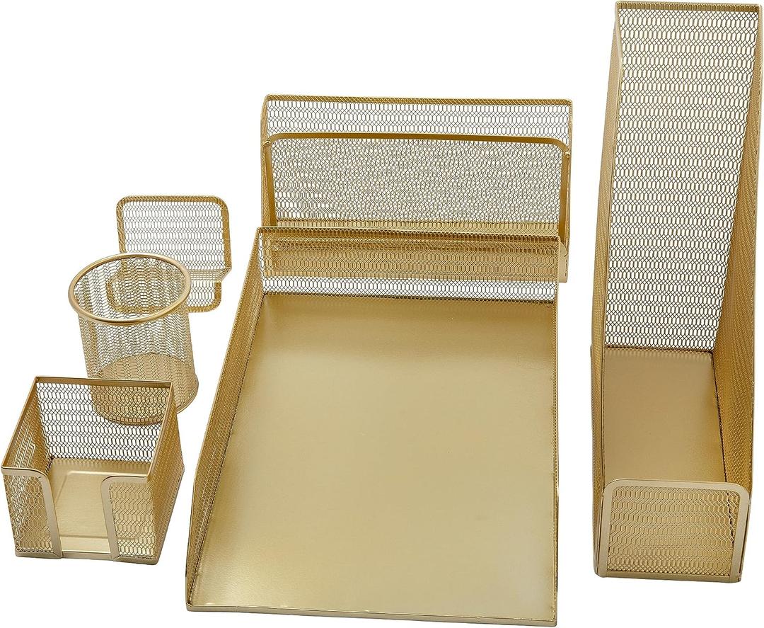 Martha Stewart Ryder Gold Mesh Metal 6 Piece Set Desktop Organizers and Accessories, Holds Files, Magazines, Letters, Pens, Sticky Notes and Business Cards