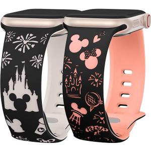 BEEXI 2 Packs Cartoon Engraved Band Compatible with Apple Watch Band 42/ 41/ 40/ 38mm Women Two-Tone Cute Soft Silicone Sport Strap for iWatch SE Series 10/ 9/ 8/ 7/ 6/ 5/ 4/ 3/ 2/ 1/ Ultra(1/ 2)