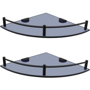 Glass Bathroom Shelves, Set of 2 Glass Corner Shelf Wall Mount, Shower Corner Shelves with Rail, Floating Glass Shelves for Bathroom Kitchen Livingroom (Black)