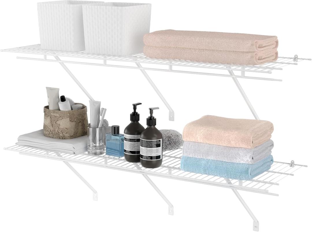 HAUSHOF Closet Shelves 4ft x 16in Wall Mounted 2-Pack, White Metal Wire Shelving for Laundry Room, Closet, Basement Organization and Storage