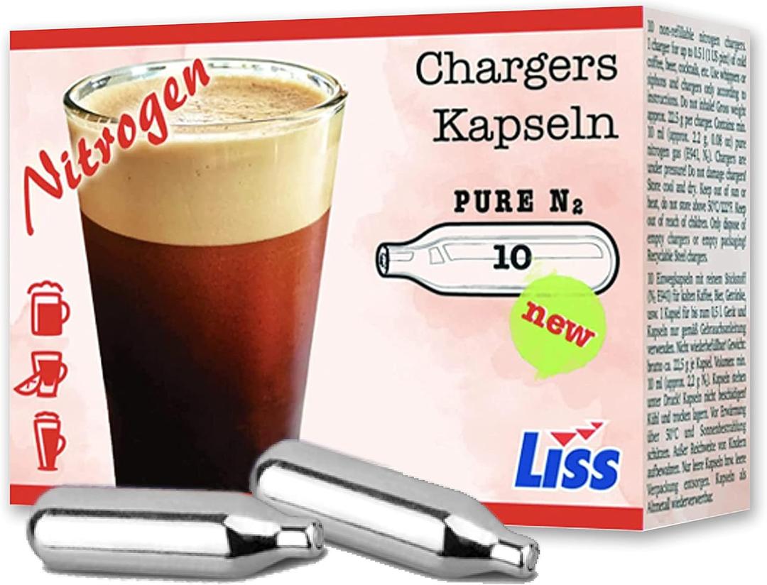 2 x Liss Pure Nitrogen Cartridges for Nitro Cold Brew Coffee - N2 Cartridge 10-Pack  For Use with Nitro Cold Brew Coffee Dispenser - Nitro Chargers for NCB Coffee, Cocktails, Tea - 2 gram Cartridges