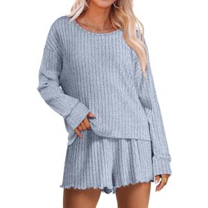 ANRABESS Women's 2 Piece Lounge Pajama Sets Casual Ribbed Long Sleeve Top Matching Shorts Sleepwear PJ Set 2026 Fall Outfits (L)