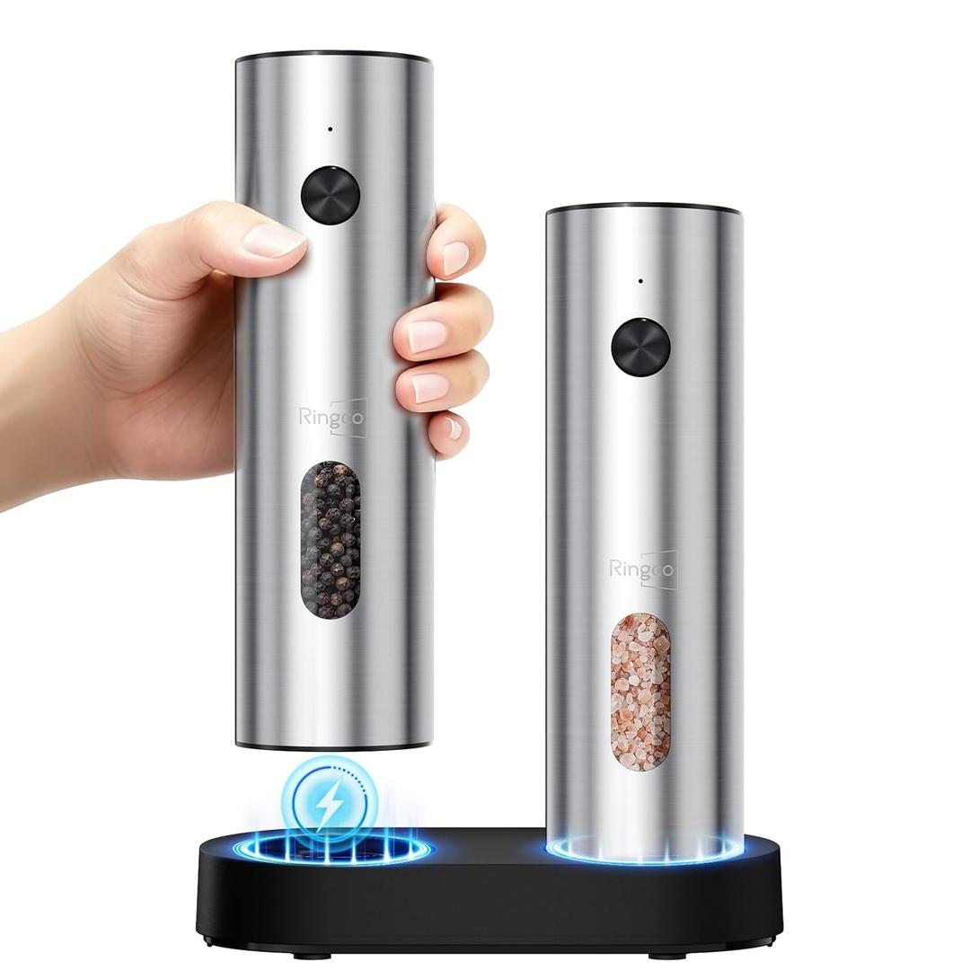 Ringco Electric Salt and Pepper Grinder Set with Charging Base, Rechargeable Salt and Pepper Mill with Adjustable Coarseness, LED Light, 110ml Large Capacity for Kitchen, Outdoors, Gifts for Women, Stainless Steel