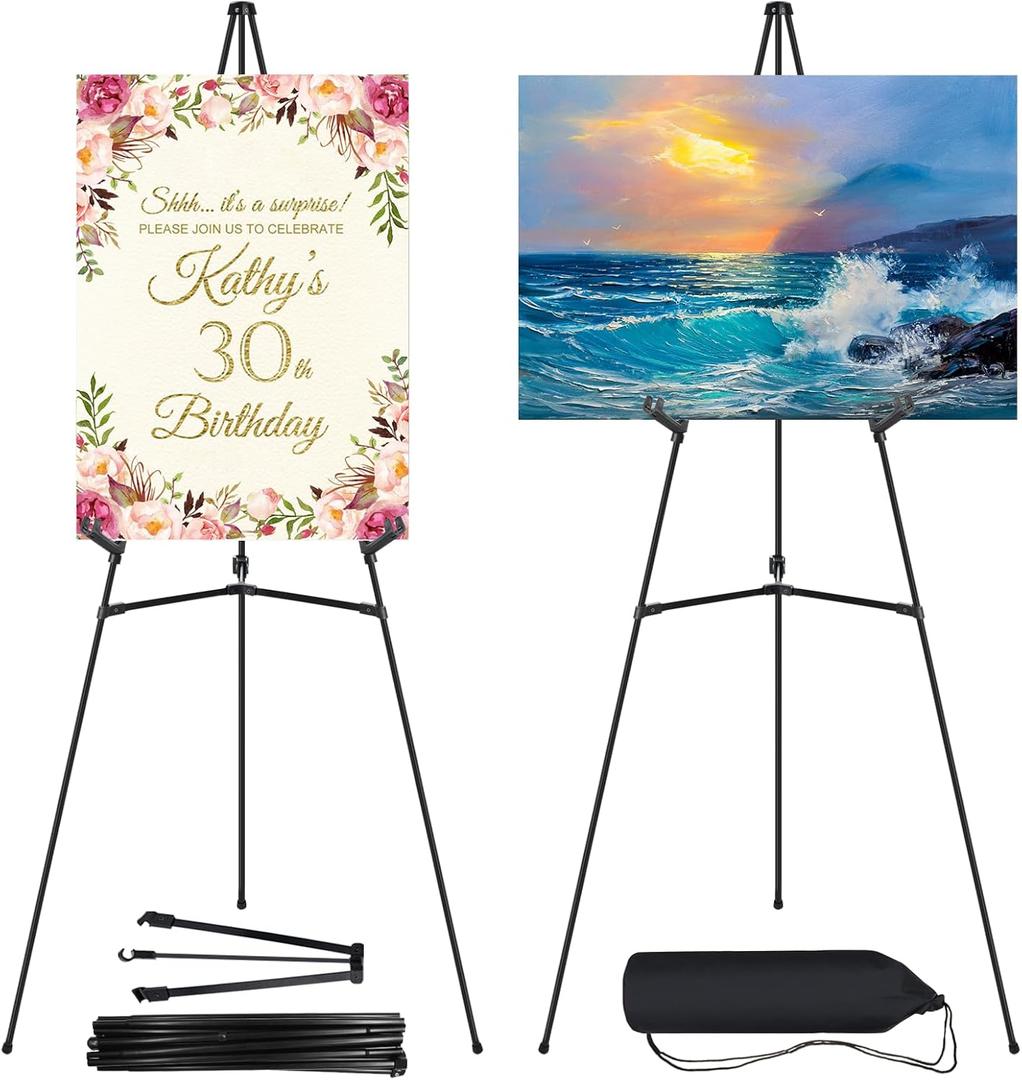 2PCS Black Easel Stand for Wedding Sign Stand, 65 Inch Adjustable Metal Easels for Display, Portable Folding Easel for Wedding, Display Show, Arts, Poster with Portable Bags