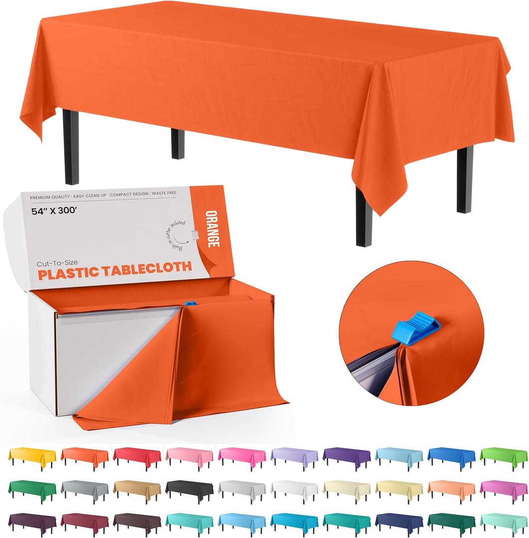 Party Solids 54 Inch X 300 Feet Orange Plastic Table Cover Roll in A Cut - to - Size Box with Convenient Slide Cutter, Cuts Up to 36 Rectangle 8 Feet Plastic Disposable Tablecloths