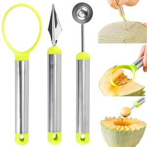Pack Of 2 JAYVAR Melon Baller Scoop Set,Professional 3 Pieces Stainless Steel Watermelon Knife Fruit Carving Tool Set，Fruit Scooper Melon Baller Carving Knife Melon Scooper Baller Kitchen Utensils