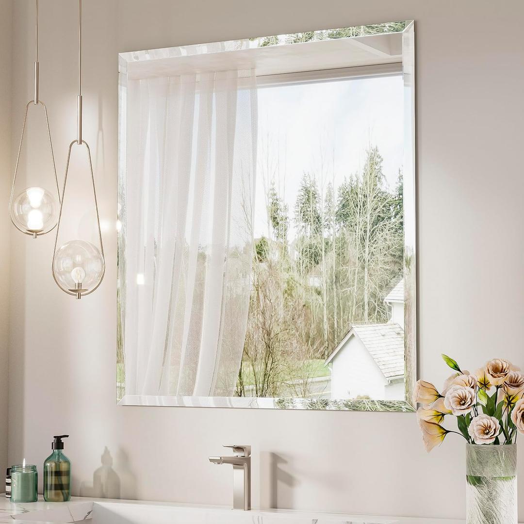 Keonjinn 30 x 36 Inch Beveled Bathroom Mirror, Rectangle Bathroom Mirrors for Over Sink, Shatterproof Wall Mirror, Modern Decorative for Living Room, Entryway, Bedroom, Horizontal/Vertical