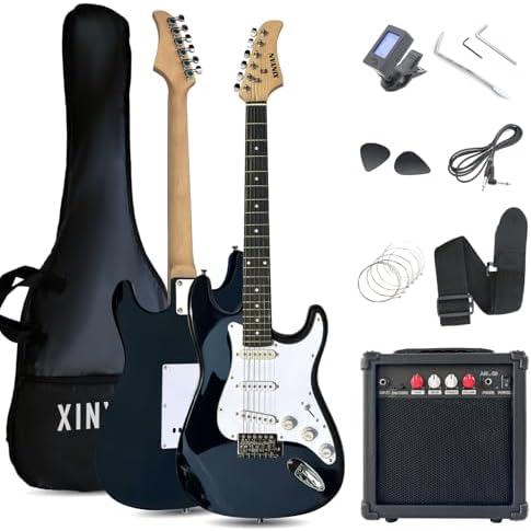 30in Size Beginner Electric Guitar Starter Kit w/Case, Strap, 20W Amp, Strings, Pick, Tremolo Bar (Black Guitar)