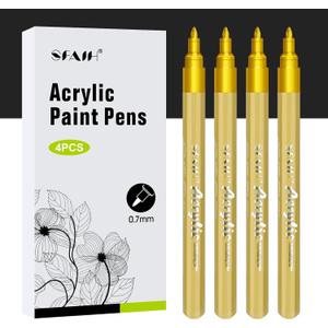 SFAIH Gold Paint Markers Pens - 4 Pack 0.7MM Fine Tip Metallic Acrylic Markers for Rock Painting, Wood, Metal, Fabric, Plastic, Canvas, Glass, Ceramic, Diy Crafts, Drawing, Tire