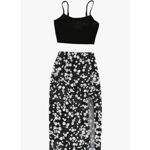 WDIRARA Women's 2 Pieces Outfits Crop Cami Tops and Floral Print Drawstring Split Skirt Set Black White Medium