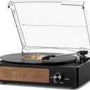 Record Player for Vinyl with 2 Build-in Speakers LP Vinyl Players Belt-Driven Vintage Turntables 3 Speed 3 Size, Wireless Bluetooth Playback, AUX-in, RCA Out, Headphone, Auto Stop Black Wood