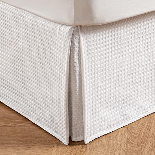 MIYE Pleated Waffle Weave Bed Skirt, Tailored Dust Ruffle 14 Inch Drop Easy Fit, Machine Washable,No Split Corners (White, Queen - 14" Drop), 60 x 80