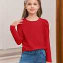 Haloumoning Girls Puff Long Sleeve T Shirts Casual Crewneck Loose Fit Tee Tops Kids Fall Clothes 140 (Red)
