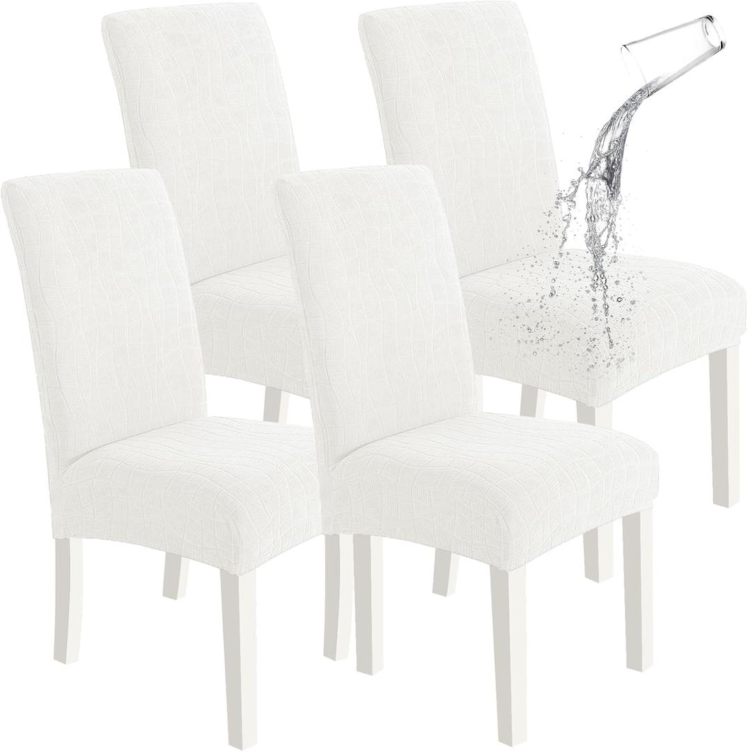SYSLOON 100% Waterproof Chair Covers for Dining Chairs, Stretch Chair Covers Set of 4, Parson Chair Slipcovers Removable Washable Kitchen Chairs Seat Covers,Beige White