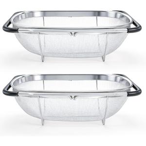 Suwimut 2 Pack Over the Sink Oval Colander for Kitchen, Stainless Steel Fine Mesh 6 Quart Strainer Basket with Expandable Rubber Grip Handles for Straining, Draining, Rinsing Fruits, Vegetables