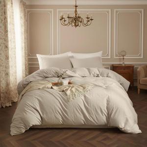 68x86 Inches Bedding Duvet Cover Set for Room Decor Beige Washed Cotton Duvet Cover Twin Size with 2 Pillow Shams Cozy Quilted Duver Cover with 4 Corner Ties, Zipper Closure