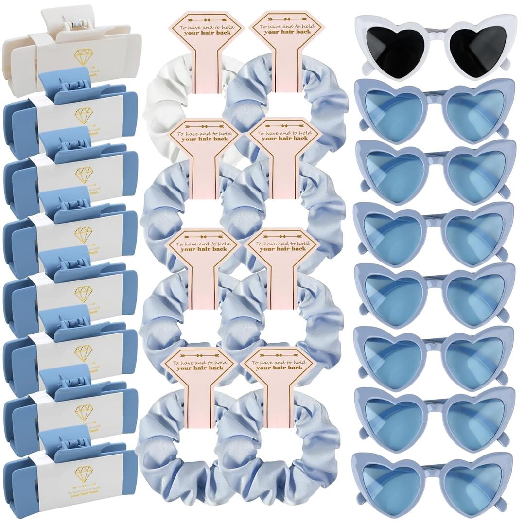 Bridesmaid Scrunchies Proposal Gifts 4.1inch square Hair Claws Bachelorette Hair Clip heart sunglasses Girls gift for Wedding Party Favors (White&Dusty Blue)