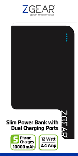 ZGear 10000 mAh Slim Dual Charging Port Power Bank - Black